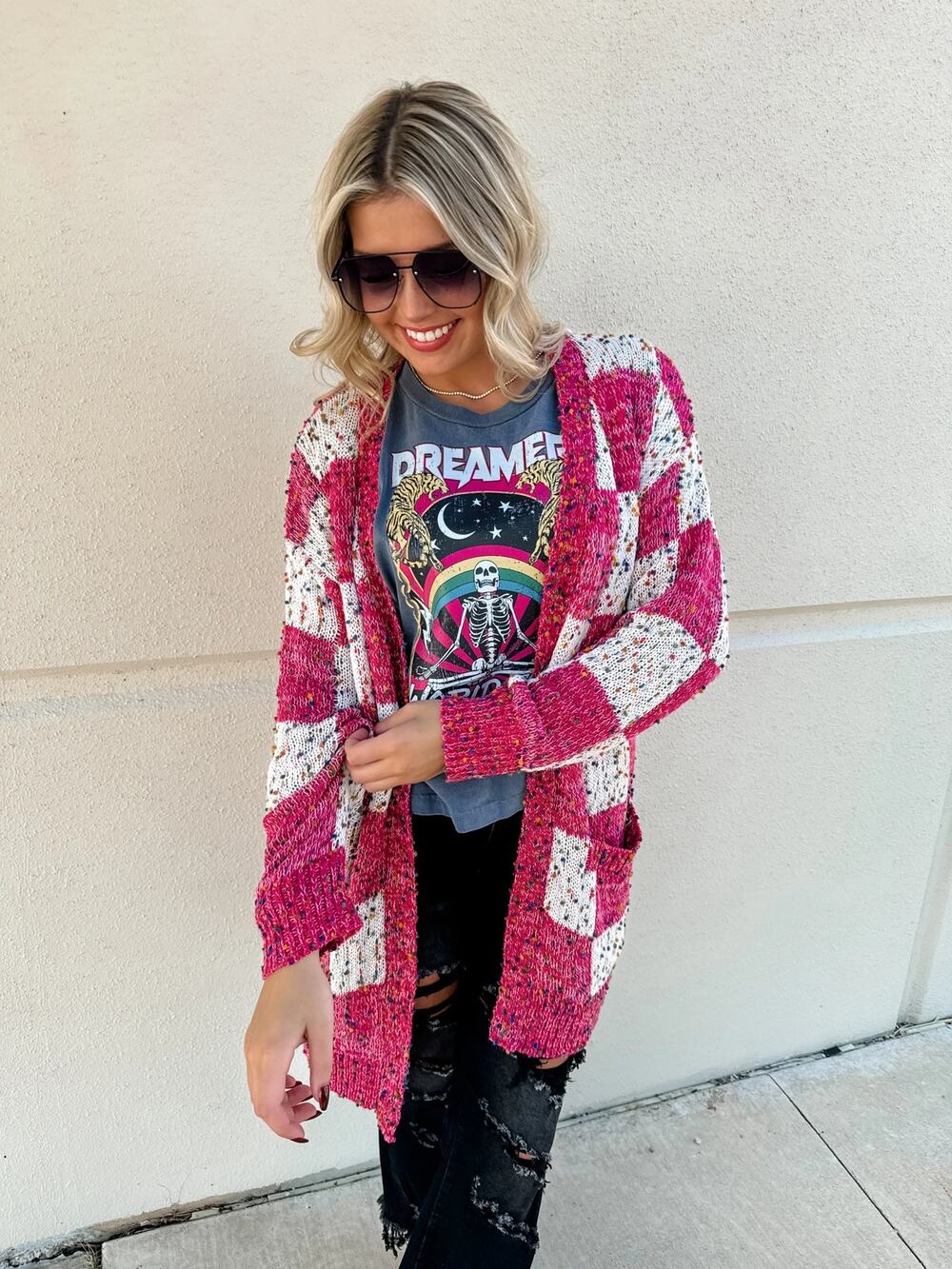 NWT Blakeley Miley Checkered Confetti Dot Cardigan Pink Plus OS - 14 16 18 20 22